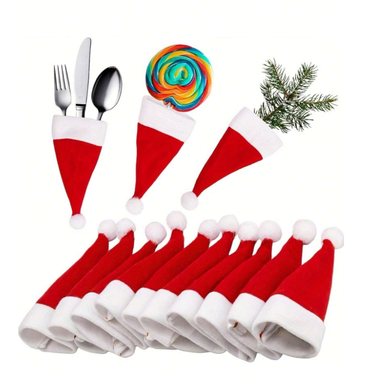 10pcs Mini Santa Hat Cutlery Decorations - Christmas Table Decor